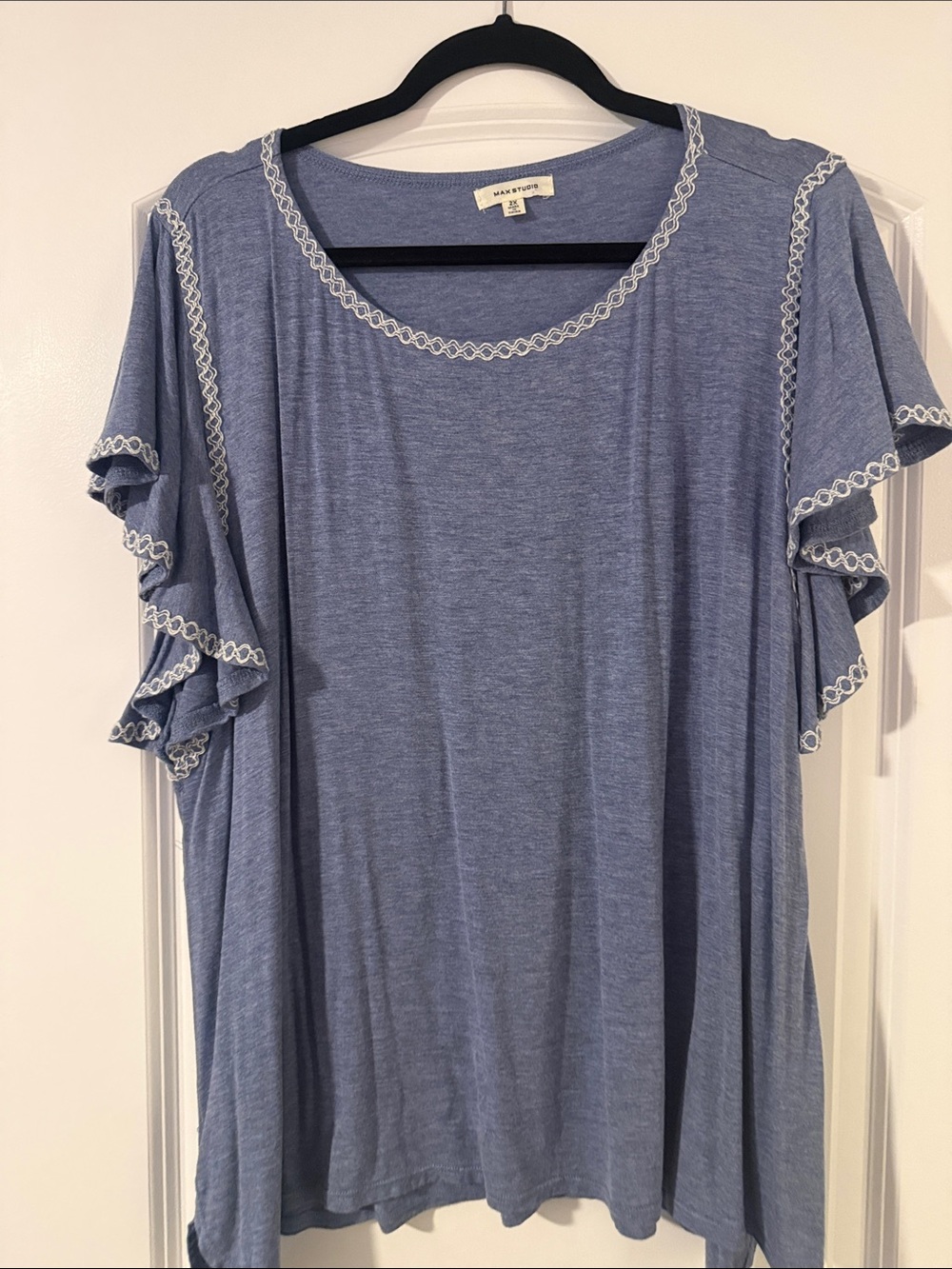 Max Studio Light Blue Ruffle Sleeve Scoop Neck Tee